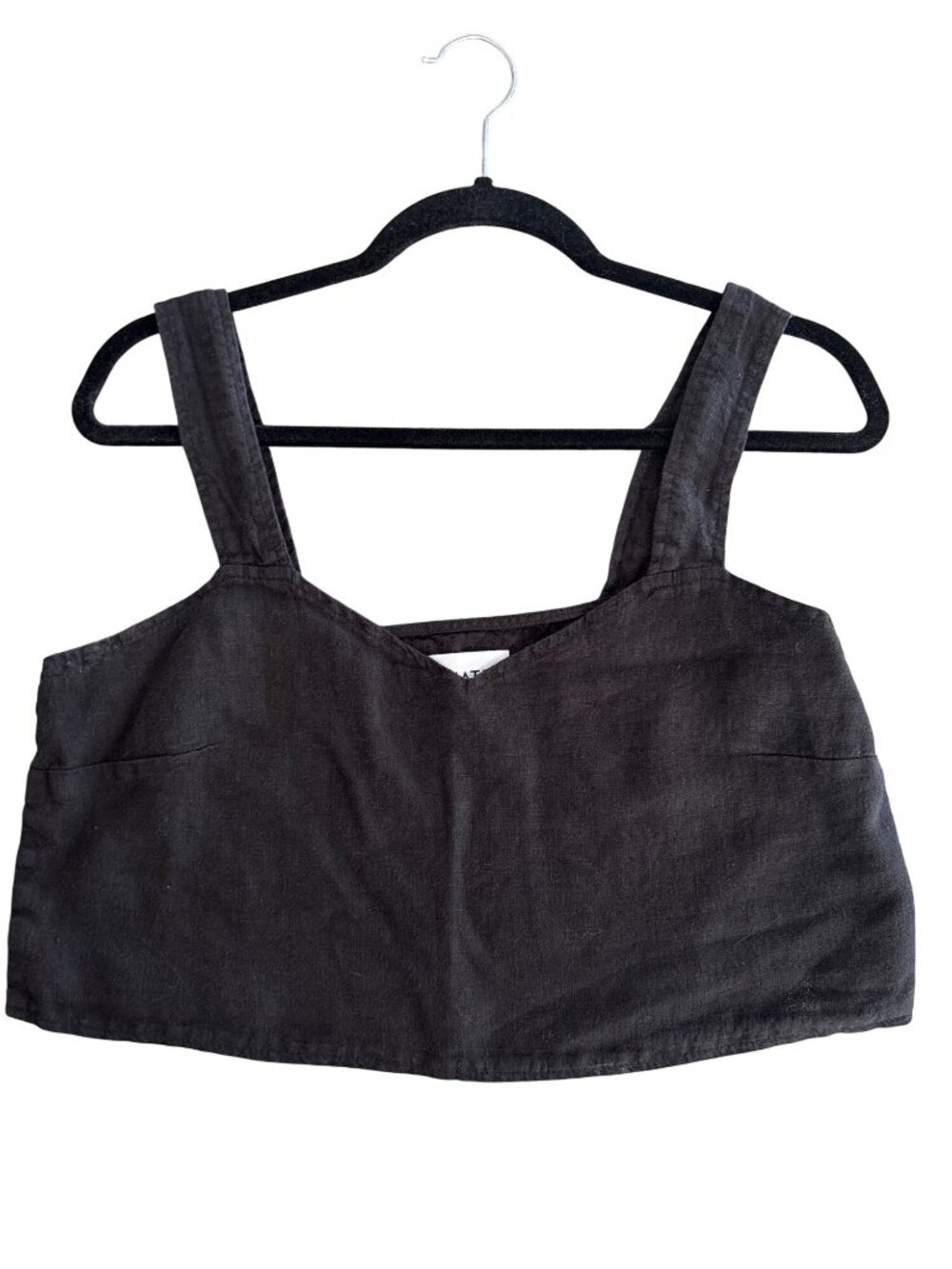 Mate Crop Top Size Small Sleeveless Sweetheart Neck Wide Straps Linen Black Chic